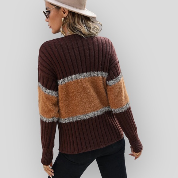 Brown, Orange & Tinsel Colorblock V-Neck Long Sleeve Knit Sweater - Picture 9 of 14